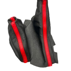 For Chevy Corvette C6 2005-2013 Genuine Leather Parking Brake & Shift Boot Cover In Black & Torch Red Stripe